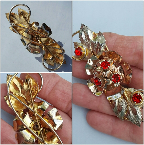 Vintage Sterling Floral Brooch w/Crimson Crystals - Picture 6 of 6